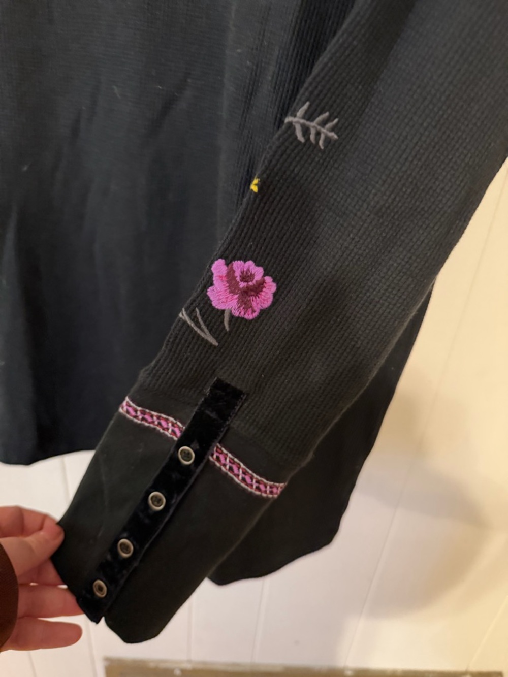 Sundance Black Long Sleeve Tee with Pink & Yellow Floral Embroidery - Picture 2 of 10